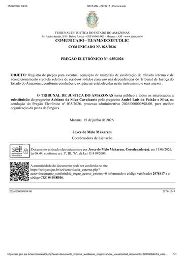 PREGÃO ELETRÔNICO Nº 035/2026 - COMUNICADO DE SUBSTITUIÇÃO DO PREGOEIRO