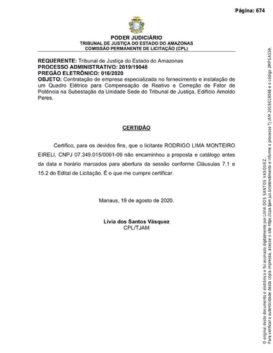 PREGÃO ELETRÔNICO Nº 016/2020 - CERTIDÃO - RODRIGO LIMA MONTEIRO