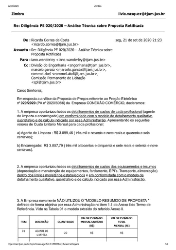 PREGÃO ELETRÔNICO Nº 020/2020 – DILIGÊNCIA CPL À DIVISÃO DE ENGENHARIA - PROPOSTA RETIFICADA - CONEXÃO