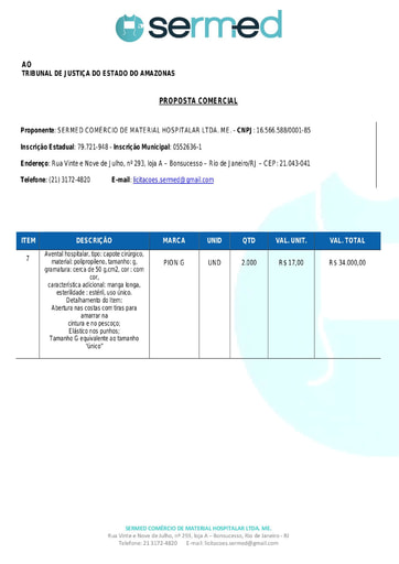 PREGÃO ELETRÔNICO Nº 002/2021 – PROPOSTA RETIFICADA -  ITEM 7 - SERMED