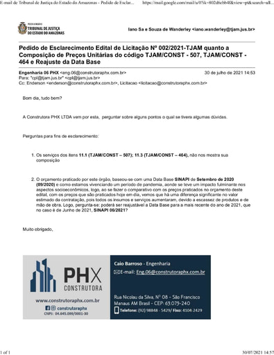 TOMADA DE PREÇOS Nº 002/2021 - PEDIDO DE ESCLARECIMENTO 2 - PHX