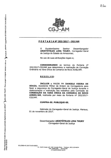 Portaria nº203/2017-CGJ/AM (Inclui a Major PM Daniele Vieira de Souza para fazer a segurança do Corregedor-Geral de Justiça)