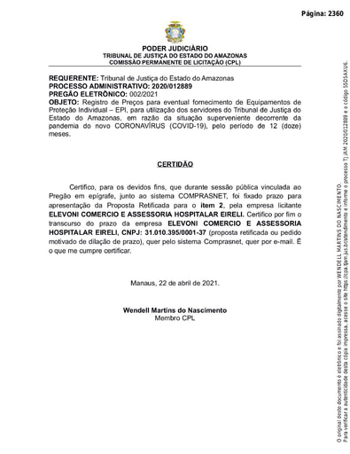 PREGÃO ELETRÔNICO Nº 002/2021 - CERTIDÃO DECURSO DE PRAZO - ITEM 2 - ELEVONI