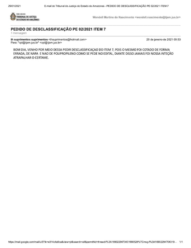 PREGÃO ELETRÔNICO Nº 002/2021 - PEDIDO DE DESCLASSIFICAÇÃO - TH SUPRIMENTOS - ITEM 7