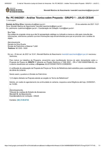 PREGÃO ELETRÔNICO Nº 46/2021 - DILIGÊNCIA COLIC À DIVISÃO DE PATRIMÔNIO - GRUPO 1 - JULIO CESAR