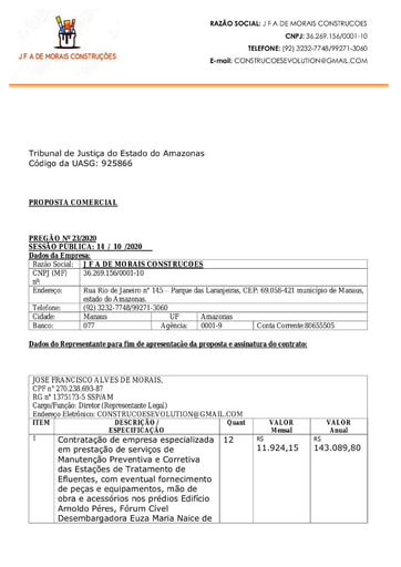PREGÃO ELETRÔNICO Nº 023/2020 - PROPOSTA - J F A DE MORAIS