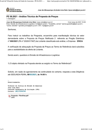 PREGÃO ELETRÔNICO Nº 006/2021 – DILIGÊNCIA CPL À DIVISÃO DE INFRAESTRUTURA E LOGÍSTICA - PROPOSTA RETIFICADA 2 - ÉRICA