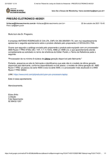 PREGÃO ELETRÔNICO Nº 48/2021 - E-MAIL DENÚNCIA - FOTO NASCIMENTO