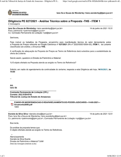 PREGÃO ELETRÔNICO Nº 027/2021 - DILIGÊNCIA CPL À DIVISÃO DE PATRIMÔNIO - PROPOSTA - THS - ITEM 1