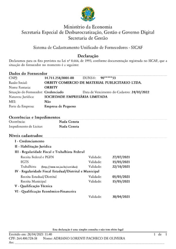 PREGÃO ELETRÔNICO Nº 022/2021 - HABILITAÇÃO - DOCUMENTOS COMPLEMENTARES - ITEM 3 - ORBITY