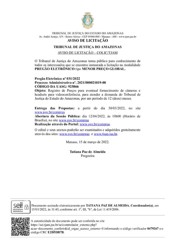 PREGÃO ELETRÔNICO Nº 031/2022 - AVISO DE LICITAÇÃO