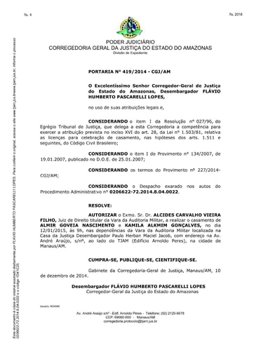 Portaria nº419/2014-CGJ/AM (Autoriza o Dr. Alcides Carvalho Vieira Filho a realizar o casamento no dia 12/01/2015)