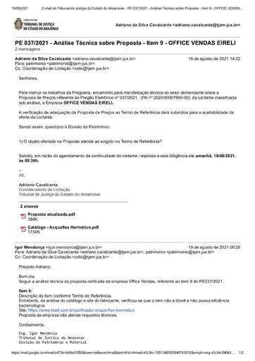 PREGÃO ELETRÔNICO Nº 037/2021 – DILIGÊNCIA CPL À DIVISÃO DE PATRIMÔNIO - PROPOSTA - ITEM 9 - OFFICE VENDAS