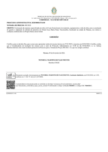 TOMADA DE PREÇOS Nº 005/2021 - CERTIDÃO