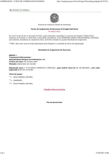 PREGÃO ELETRÔNICO Nº 017/2021 - TERMO DE JULGAMENTO/ADJUDICAÇÃO
