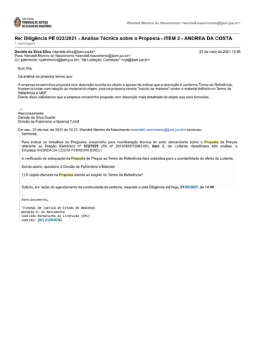 PREGÃO ELETRÔNICO Nº 022/2021 – DILIGÊNCIA CPL À DIVISÃO DE PATRIMÔNIO - PROPOSTA - ITEM 2 -ANDREA DA COSTA