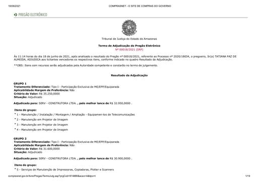 PREGÃO ELETRÔNICO Nº 018/2021 - TERMO DE ADJUDICAÇÃO