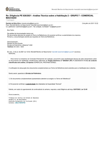 PREGÃO ELETRÔNICO Nº 026/2021 - DILIGÊNCIA 2 CPL À DIVISÃO DE PATRIMÔNIO - DOCUMENTAÇÃO - GRUPO 7 - COMERCIAL MACHADO