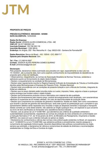 PREGÃO ELETRÔNICO Nº 032/2026 - PROPOSTA - GRUPO 1 - JESSICA ALVES COMERCIAL LTDA