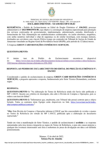 PREGÃO ELETRÔNICO Nº 036/2022 - RESPOSTA AO PEDIDO DE ESCLARECIMENTO - GREEN CARD