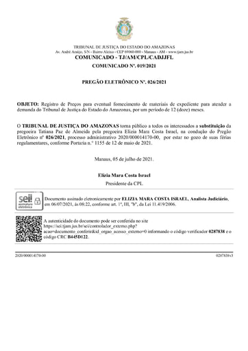 PREGÃO ELETRÔNICO Nº 026/2021 - COMUNICADO Nº 019/2021