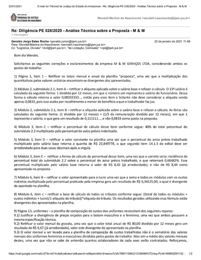 PREGÃO ELETRÔNICO Nº 028/2020 - DILIGÊNCIA CPL À DIVISÃO DE INFRAESTRUTURA E LOGÍSTICA - PROPOSTA - M & M SERVIÇOS