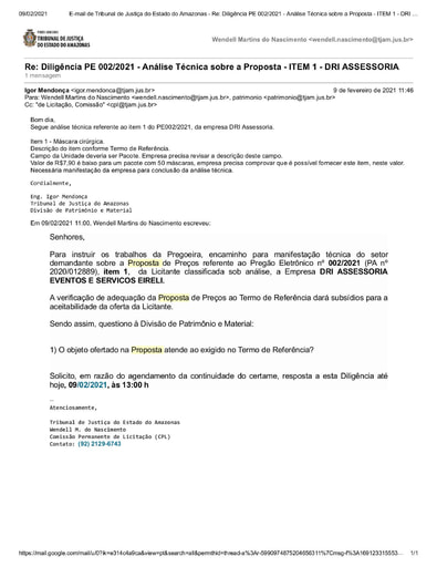 PREGÃO ELETRÔNICO Nº 002/2021 – DILIGÊNCIA CPL À DIVISÃO DE PATRIMÔNIO E MATERIAL - PROPOSTA  -  ITEM 1 - DRI ASSESSORIA