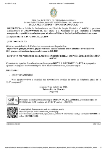 PREGÃO ELETRÔNICO Nº 48/2021 - RESPOSTA AO PEDIDO DE ESCLARECIMENTO - DRIVE A