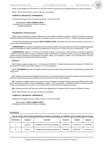 Lista de vacância das serventias extrajudiciais do Amazonas homologada, em 15/06/2021, pela Corregedora-Geral de Justiça