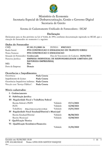 TOMADA DE PREÇOS Nº 002/2021 - SICAF E CNDT - FVB