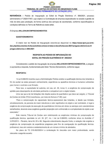 PREGÃO ELETRÔNICO Nº 006/2021 – RESPOSTA DO PEDIDO DE IMPUGNAÇÃO - MILLENIUM