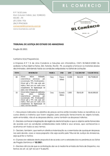PREGÃO ELETRÔNICO Nº 002/2021 - PROPOSTA RETIFICADA - ITENS 8 E 10 - R P T B DE LIMA