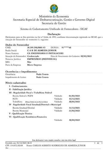 PREGÃO ELETRÔNICO Nº 60/2021 - HABILITAÇÃO - DOCUMENTOS COMPLEMENTARES - C A R DE ALMEIDA