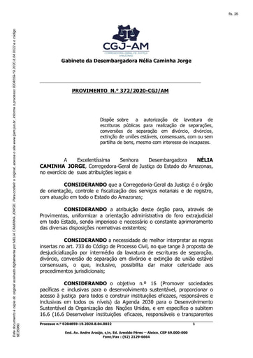 Provimento nº 372/2020-CGJ/AM (Dispõe sobre a autorização de lavratura de escrituras públicas para realização de separações, conversões de separação em divórcio, divórcios, extinção de uniões estáveis, consensuais, com ou sem partilha de bens, mesmo...)