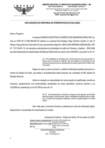 PREGÃO ELETRÔNICO Nº 002/2021 - DILIGÊNCIA 2 - HABILITAÇÃO - DOCUMENTOS COMPLEMENTARES - ITEM 7 - IMPERIO INDUSTRIA