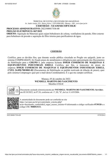 PREGÃO ELETRÔNICO Nº 067/2022 - CERTIDÃO - GRUPO 1 - DMGR COMERCIO