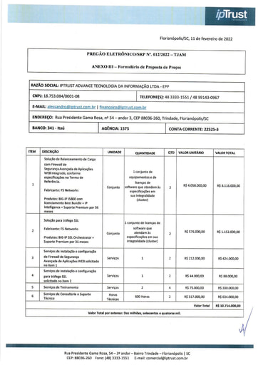 PREGÃO ELETRÔNICO Nº 012/2022 - PROPOSTA - IPTRUST