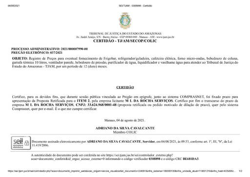 PREGÃO ELETRÔNICO Nº 037/2021 - CERTIDÃO DECURSO DE PRAZO - ITEM 2 - M L DA ROCHA