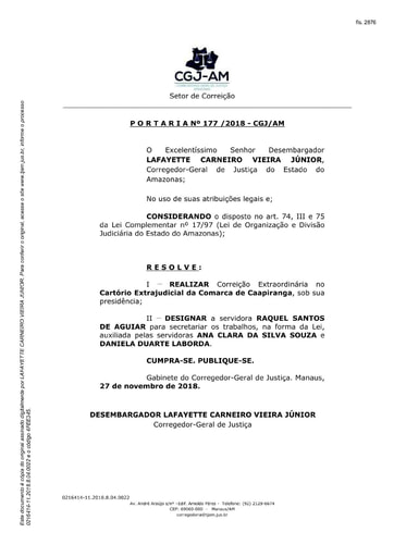 Portaria nº177/2018-CGJ/AM (Realiza Correição Extraordinária no Cartório Extrajudicial da Comarca de Caapiranga)