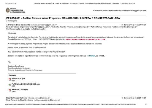 PREGÃO ELETRÔNICO Nº 55/2021 - DILIGÊNCIA COLIC À SECRETARIA DE INFRAESTRUTURA - PROPOSTA - MANACAPURU