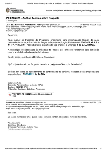 PREGÃO ELETRÔNICO Nº 026/2021 - DILIGÊNCIA CPL À DIVISÃO DE PATRIMÔNIO - PROPOSTA - G3, 7 14 - T DA S LUSTOSA