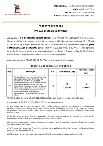 PREGÃO ELETRÔNICO Nº 004/2020 - PROPOSTA RETIFICADA - J F A DE MORAIS CONSTRUÇÕES
