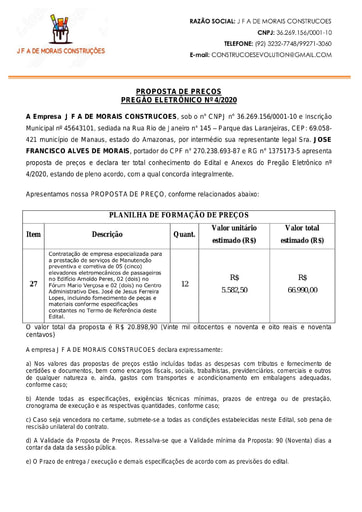 PREGÃO ELETRÔNICO Nº 004/2020 - PROPOSTA - J F A DE MORAIS CONSTRUÇÕES