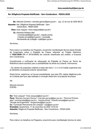 PREGÃO ELETRÔNICO Nº 024/2020 - DILIGÊNCIA CPL À DIVISÃO DE ENGENHARIA - PROPOSTA RETIFICADA - SERV CONSTRUTORA