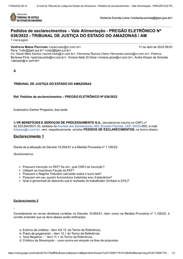PREGÃO ELETRÔNICO Nº 036/2022 - PEDIDO DE ESCLARECIMENTO - VR BENEFÍCIOS