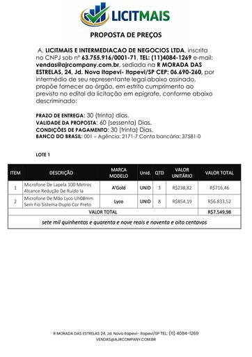 PREGÃO ELETRÔNICO Nº 032/2026 - PROPOSTA RETIFICADA - GRUPOS 1 E 2 - LICITMAIS E INTERMEDIACAO DE NEGOCIOS LTDA