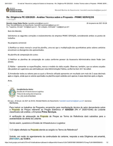 PREGÃO ELETRÔNICO Nº 029/2020 - DILIGÊNCIA CPL À DIVISÃO DE INFRAESTRUTURA E LOGÍSTICA - PROPOSTA - PRIME SERVIÇOS