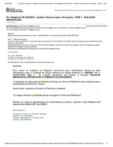 PREGÃO ELETRÔNICO Nº 002/2021 – DILIGÊNCIA CPL À DIVISÃO DE PATRIMÔNIO E MATERIAL - PROPOSTA - ITEM 1 - SOLUÇÃO IMPORTAÇÃO