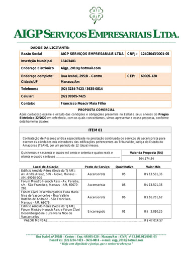 PREGÃO ELETRÔNICO Nº 022/2020 - PROPOSTA - AIGP