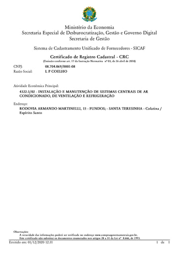 PREGÃO ELETRÔNICO Nº 026/2020 - HABILITAÇÃO - SICAF E CNDT - L P COELHO